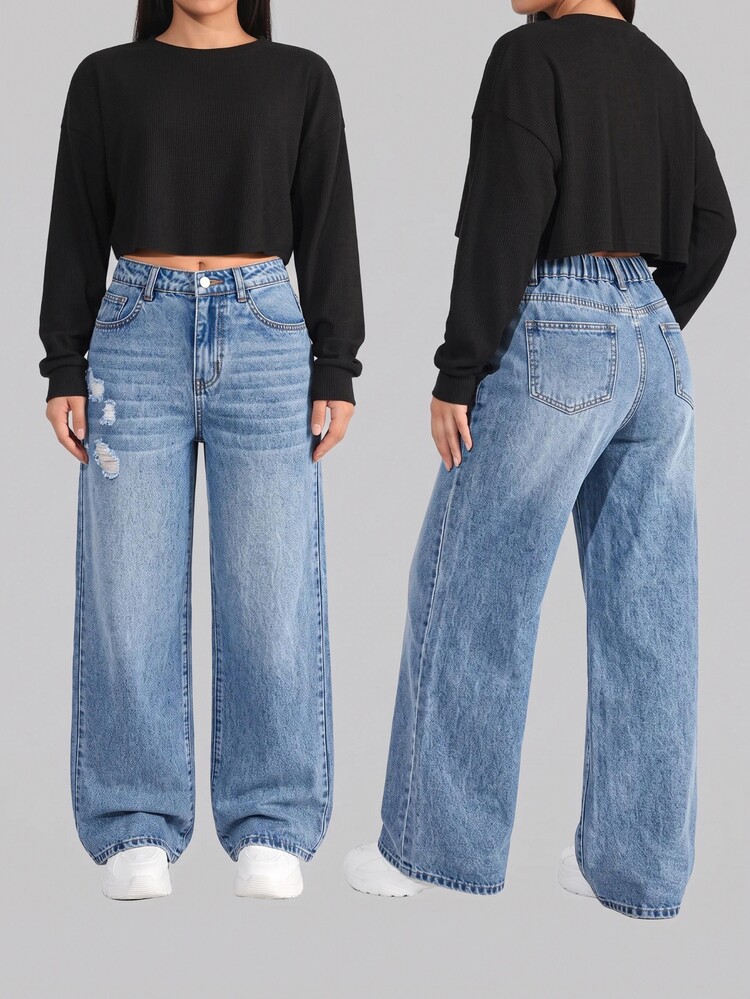 Celana Panjang Denim Biru Longgar dan Sobek untuk Anak Perempuan - Medium Wash - View 6
