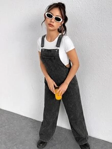 SHEIN 青少年女孩黑色寬鬆牛仔吊帶褲 2026秋冬款 可愛Y2K 百搭 萬聖節新年 - 黑色 - 查看 2