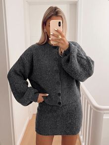 Lavishia Women's Elegant Round Neck Lantern Sleeve Cardigan And Skirt Sweater 2 Pieces Set - Dark Grey - View 5
