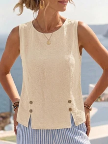 SHEIN LUNE Women's Versatile Solid Color Button Design Sleeveless Blouse Summer Vacation - Apricot - View 5