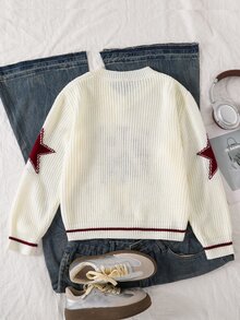 SHEIN Tween Girls Striped Colorblock Pique V-Neck Lantern Sleeve Oversized Pullover Knit Sweater With Number Jacquard, Suitable For Autumn/Winter And Outdoor Wear - Multicolor - View 2