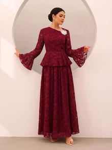 Graceveil Elegant 3D Floral Cut-Out Hem Flared Sleeve Cinched Waist Top And Full Skirt Set For Autumn/Winter Party - Red - View 5