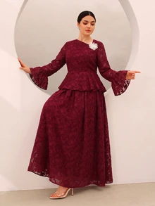 Graceveil Elegant 3D Floral Cut-Out Hem Flared Sleeve Cinched Waist Top And Full Skirt Set For Autumn/Winter Party - Red - View 6