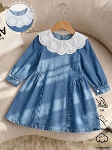 SHEIN Girls' Denim Dress, Cute Basic Minimalist Contrast Lace Trim Round Neck Puff Long Sleeve Loose Non-Stretch Denim Dress - Medium Wash - View 3
