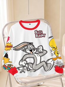 LOONEY TUNES X SHEIN Plus Size Women's Crew Neck Letter Cartoon Print Casual Everyday Sweatshirt Fall - White - View 1