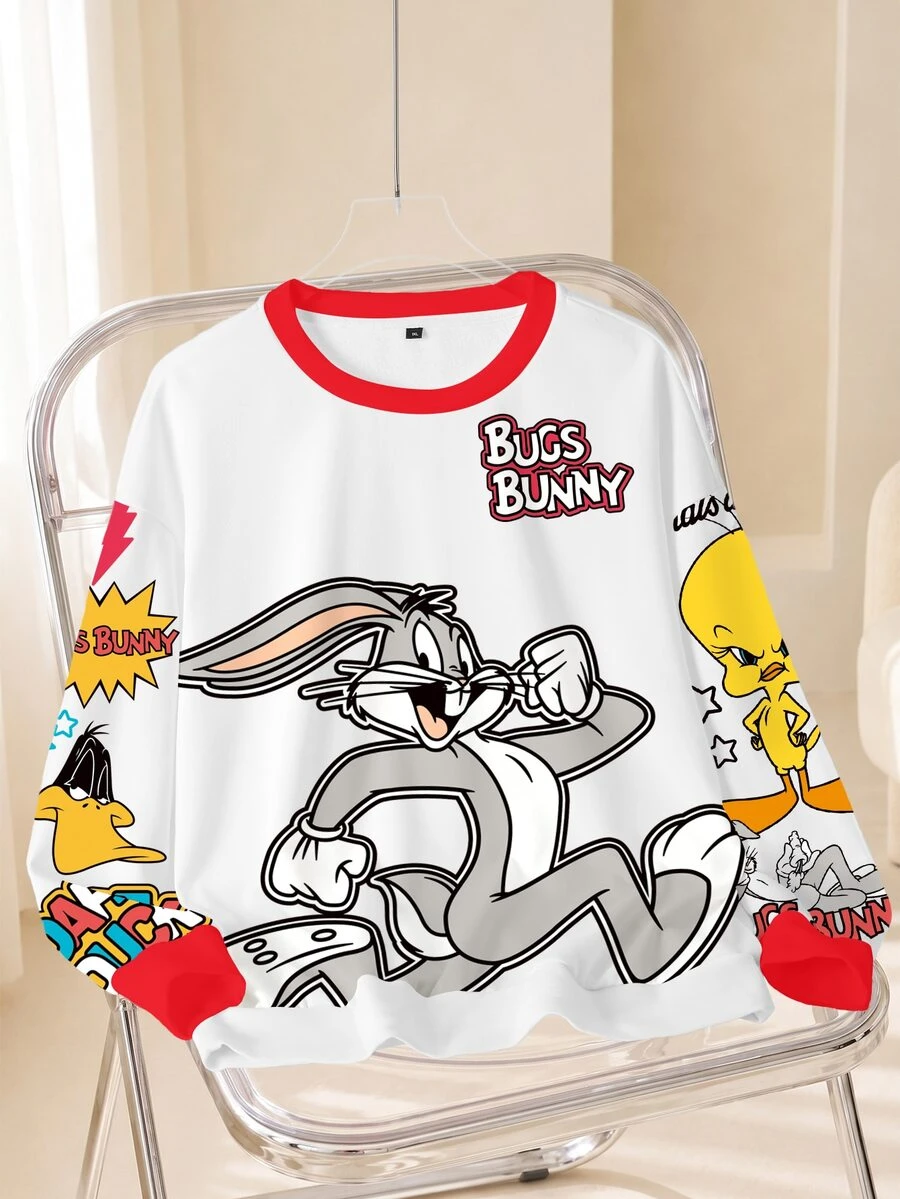 LOONEY TUNES X SHEIN Plus Size Women's Crew Neck Letter Cartoon Print Casual Everyday Sweatshirt Fall - White - View 1