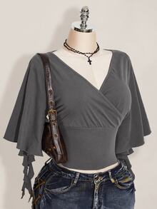 SHEIN ICON 女款純色V領修身百搭日常休閒T恤 - 灰色 - 查看 4