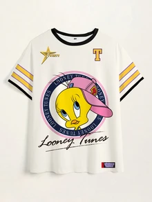 LOONEY TUNES X SHEIN Plus Size Letter Cartoon Print Casual Daily T-Shirt - White - View 7