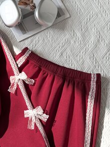 SHEIN Elladie kids 2件組大女孩甜美蕾絲蝴蝶結飾圓領長袖寬腿褲抓絨加厚運動衫褲套裝 秋季風格秋季穿搭 - 酒紅色 - 查看 10