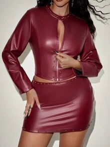 Orbivine Plus Size Studded Skirt And Top 2 Pieces Set, PU Leather Fabric, Red Winter - Redwood - View 5