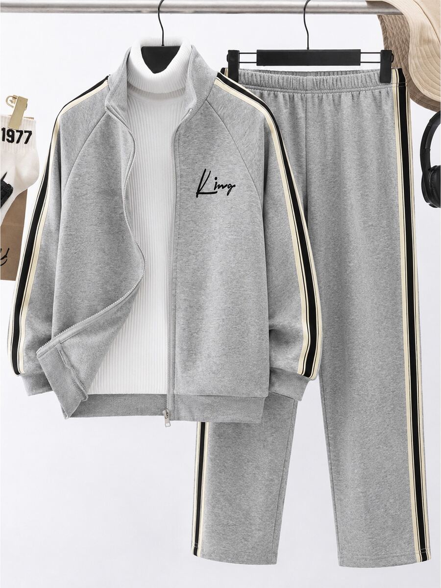 SHEIN Kids Tween Boy Christmas Green Casual College Style Side-Seam Webbing Trim Stand Collar Open Front Long Sleeve Top And Webbing Cuffed Solid Color Knit Pants 2 Pieces Set