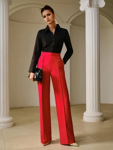 ZEYLAH Fashionable Elegant Commute Solid Color High Waist Straight Leg Pants - Red - View 3
