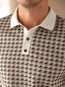 Manfinity Homme Men's Plus Size Knit Houndstooth Jacquard Vintage Mature Casual Short Sleeve Polo Shirt - Khaki - View 3