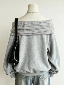 Lalippa New American Style Cold Shoulder Off-Shoulder Loose Long Sleeve Sweatshirt - Grey - View 2