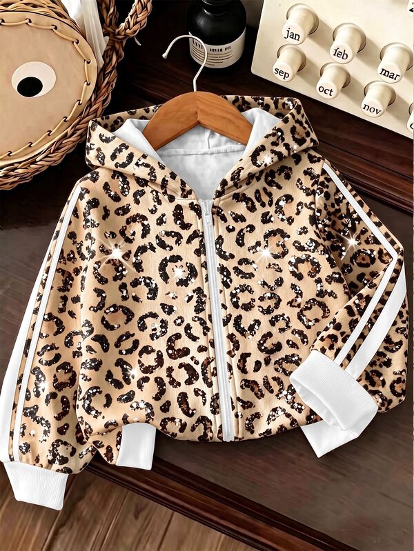 Girls' Leopard Print Zip-Up Sweatshirt With Side Stripes, Cute Glitter Animal Pattern Hooded Jacket Top For Autumn/Winter