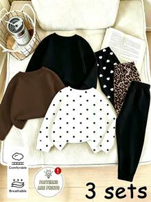 (3 Sets) Autumn/Winter Girls Toddler Fresh Bow Leopard Heart Polka Dot Pattern Crew Neck Sweatshirt & Leggings Set - Multicolor - View 2