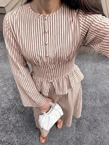 Solavon 女款棕色與白色長袖荷葉邊下擺襯衫與裙子休閒端莊兩件套，適合早午餐與秋季 - 卡其色 - 查看 4