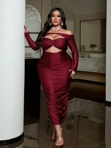 NU&NOW Plus Size Fashion Sexy Off-Shoulder Twisted Hollow Out Fitted Dress - Burgundy - View 5