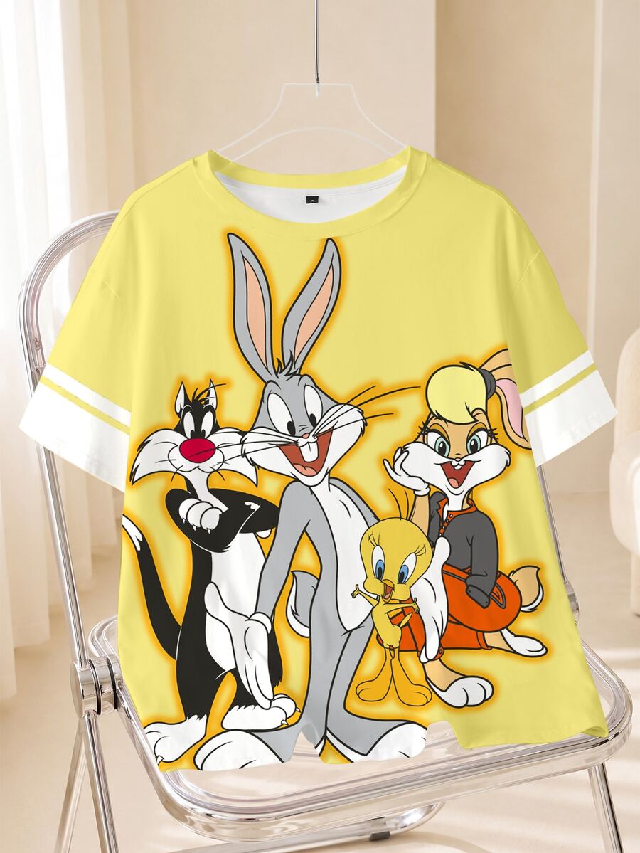 LOONEY TUNES X SHEIN 大尺碼女款卡通印花圓領短袖休閒T恤 - 白色 - 查看 1