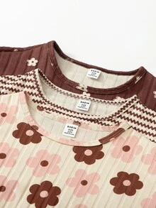 SHEIN Tween女孩長袖兩件套，3色可選：淺色底粉色與棕色花卉、棕色與白色橫條紋、深棕色底白色花卉；經典圓領長袖上衣配弧形下擺，搭配同款高腰鬆緊長褲，適合春秋穿著，甜美經典 - 彩色 - 查看 5