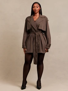 SHEIN SXY Jaket Lengan Panjang Bergaris dengan Kantong, Gaya Streetwear Ukuran Plus - Coklat - View 3