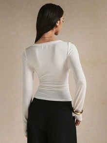 Poéselle Women's Elegant Solid Color Lace Trim T-Shirt, Autumn - White - View 9