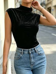 RosyDaze Women's Elegant Commuter Slim Fit High Neck Velvet Top For Early Autumn - Black - View 4