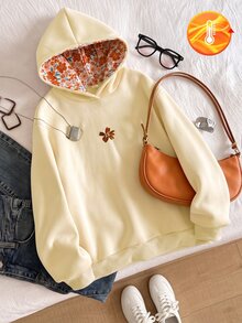 SHEIN 大女孩杏色碎花圖案保暖內裡連帽套頭運動衫，秋冬上衣 - 杏色 - 查看 3
