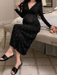 Dazy Maternity Bowknot All-Over Floral Print Slim Fit Waist-Cinching Lace Trim Long Sleeve Elegant Home Daily Spring Autumn Long Dress Maternity Dress - Black - View 3