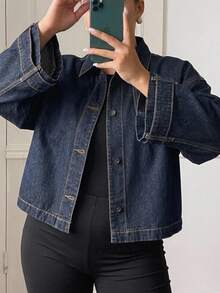 Dazy Plus Autumn Loose Fit Batwing Sleeve Denim Jacket With Turn-Down Collar, Contrast Stitching And Pocket, Casual Commute Streetwear Outerwear - Dark Wash - View 1