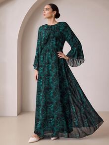 Graceveil Gaun Panjang Chiffon Bertekstur Bunga Hijau Tua dengan Hem Berlipit dan Berkerut, Leher Bulat, Lengan Mengembang Longgar, Gaya Elegan - MultiWarna - View 6