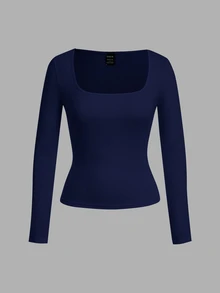 SHEIN EZwear 女款 2 件組 方領修身長袖休閒 T 恤連身衣套裝 - 彩色 - 查看 4