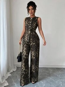 Elenzga 女款豹紋背心與牛仔長褲套裝 - 彩色 - 查看 4