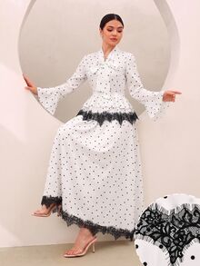 Graceveil Korean Style Polka Dot Print Lace Patchwork Bowknot Flared Sleeve Ruffle Blouse & Full Skirt 2 Pieces Set, Gentle And Elegant For Women - Multicolor - View 4