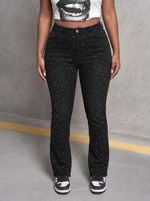 Slaydiva Plus Size Women's High Waist Skinny Denim Jeans With Speckled Rhinestone Embellishment, Black - Black - View 3