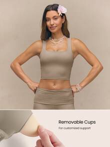 GLOWMODE FeatherFit™ Active Ambition Buttery-Soft Square Neck Twisted Open Back Removable Cups Crop Active Tank Top Low Impact Yoga Pilates Studio Daily Wear - Khaki - View 4
