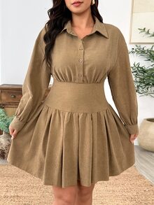 Weeklong Gaun Pendek Lengan Panjang Bahan Suede Imitasi dengan Pinggang Ramping Ukuran Plus untuk Musim Gugur - Coklat - View 5