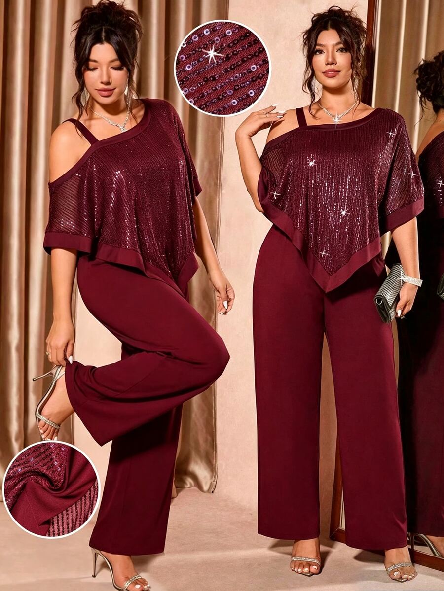 Cravure Plus Size Women's 2 Pieces Set With Sequin Patchwork Asymmetrical Top And Casual Long Pants, Cold Shoulder Vintage Commute Elegant Lady Intellectual Vacation Party Outfit