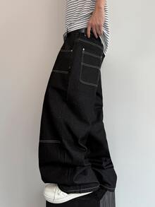STEELVANCE Celana Jeans Denim Kasual Gaya Jalanan Vintage, Serbaguna, dengan Desain Lusuh, Dicuci, Bordir Rivet, Jahitan Kontras, Potongan Longgar, Lurus, dan Lebar (Sabuk Tidak Termasuk) - Hitam - View 5
