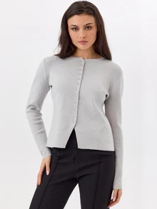 KÆRIA Hus Close Fit Crew Neck Cardigan - Brushed Soft Touch Knit - Silver Marle - Button Front, Layeringg - Light Grey - View 6