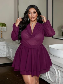 NU&NOW Gaun Pesta Elegan Bergaya Prancis, Model Kerah Berkerut Semi-Transparan, Lengan Panjang, Bahan Chiffon, Cocok untuk Wanita Ukuran Plus di Awal Musim Gugur, Cocok untuk Kencan dan Aktivitas Luar Ruangan. - Purple - View 5