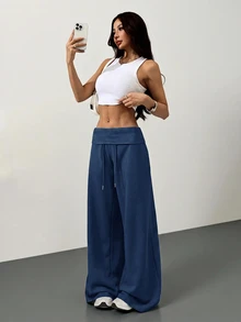 SHEIN Tall CURVE 大尺碼高腰灰色針織抓絨抽繩寬鬆運動長褲，適合冬季畢業季、返校季、畢業典禮、教師穿搭及其他場合，秋季返校季女款寬腿運動褲，藍色寬鬆舒適長褲 - 藍色 - 查看 5