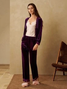 MOTF PREMIUM WOMEN'S CONTRAST LACE & VELVET PAJAMA SET - Purple - View 4