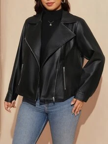 SHEIN LUNE Plus Size Women's Solid Color PU Leather Fashion Versatile Long Sleeve Jacket - Black - View 10
