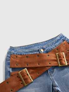 ROMWE Autumn/Winter Hippie Faux Suede Vintage Washed Stretch Denim Flare Jeans For Women - Medium Wash - View 3