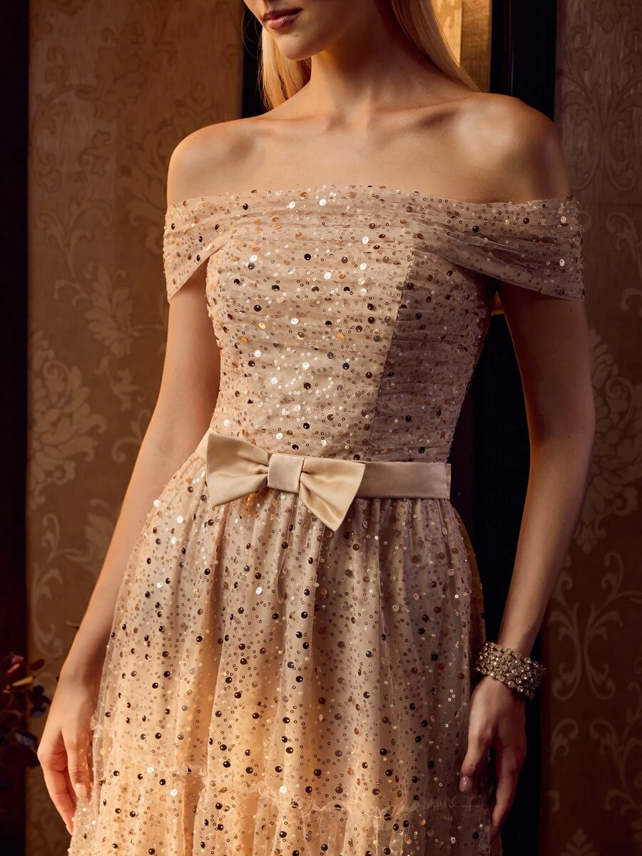 MOTF Soiréza ELEGANT WOMEN'S OFF SHOULDER SEQUINED MAXI GOWN WITH BOW DETAIL FOR FORMAL PARTY, WEDDINGS, GALAS - Champagne - View 1