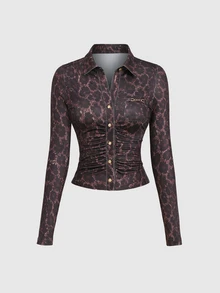 StreetHx Kemeja Wanita Lengan Pendek Berkancing Depan dengan Dekorasi Kancing Logam, Kerah Kemeja, dan Motif Botani, Gaya Elegan - Coklat - View 1