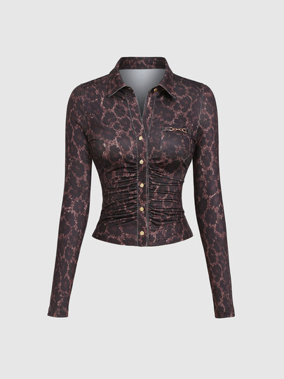 StreetHx Camisa de manga corta con botones para mujer con decoración de botones metálicos, cuello de camisa y estampado botánico, estilo elegante