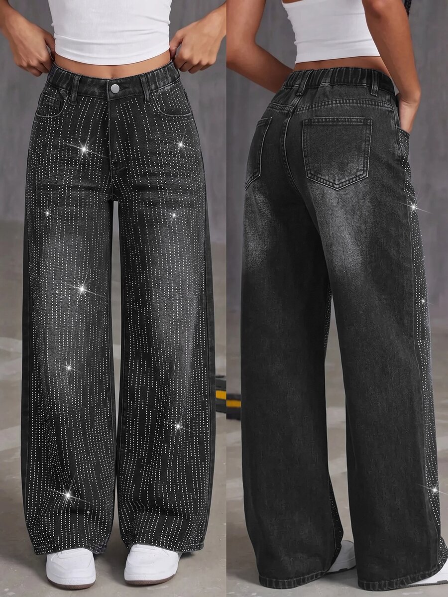 SHEIN Girls' Shiny Line Rhinestone Tween Girl Black Denim Loose Long Pants - Black - View 1