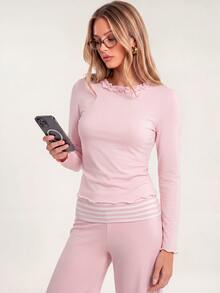 Avantive Women's Sweet Frill Trim Top And Striped Colorblock Pants 2 Pieces Set - Pink - View 4
